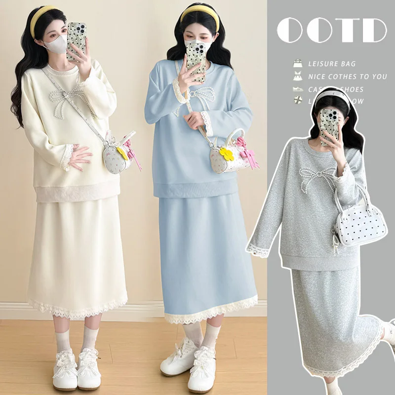 

Осенний комплект свитшотов для беременных, облегающий корейский стиль, кружевной лоскутный топ и юбка с высокой талией для беременных, комплект из двух предметов