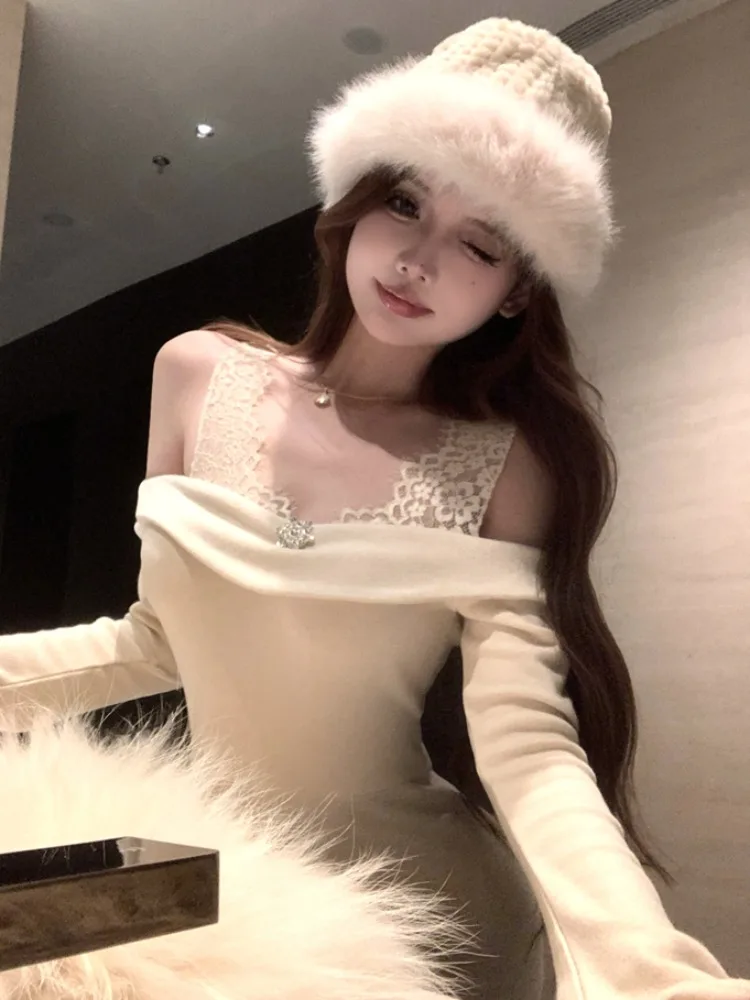 

Ruffle Sleeve Knitted Short Dress Women's Slim Fit Bodycon Skirt Design Autumn Winter Long Sleeve Lace Patchwork Dress