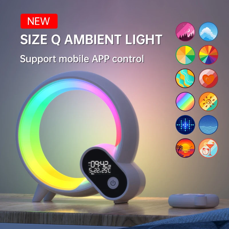 Creative Q Colorful Atmosphere Light Bluetooth Speaker RGB Desk Lamp with White Noise Digital Sunrise Wake Up Light Alarm Clock