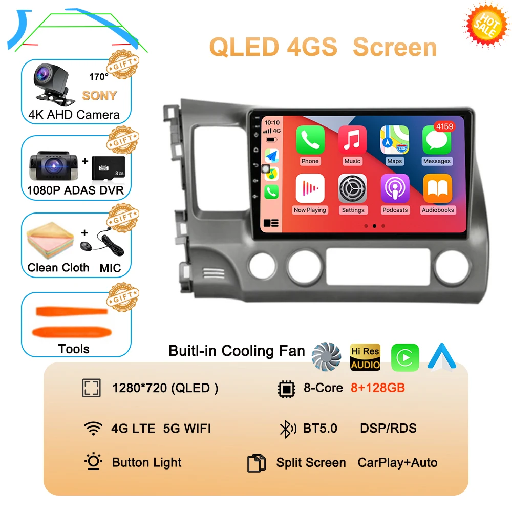 Android 16 autoradio voor Honda Civic 8e generatie (2005-2011) multimedia draadloze CarPlay Android Auto