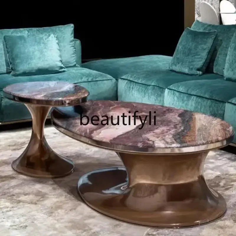 

A15 Italian light luxury natural marble luxury stone oval metal living room coffee table combination