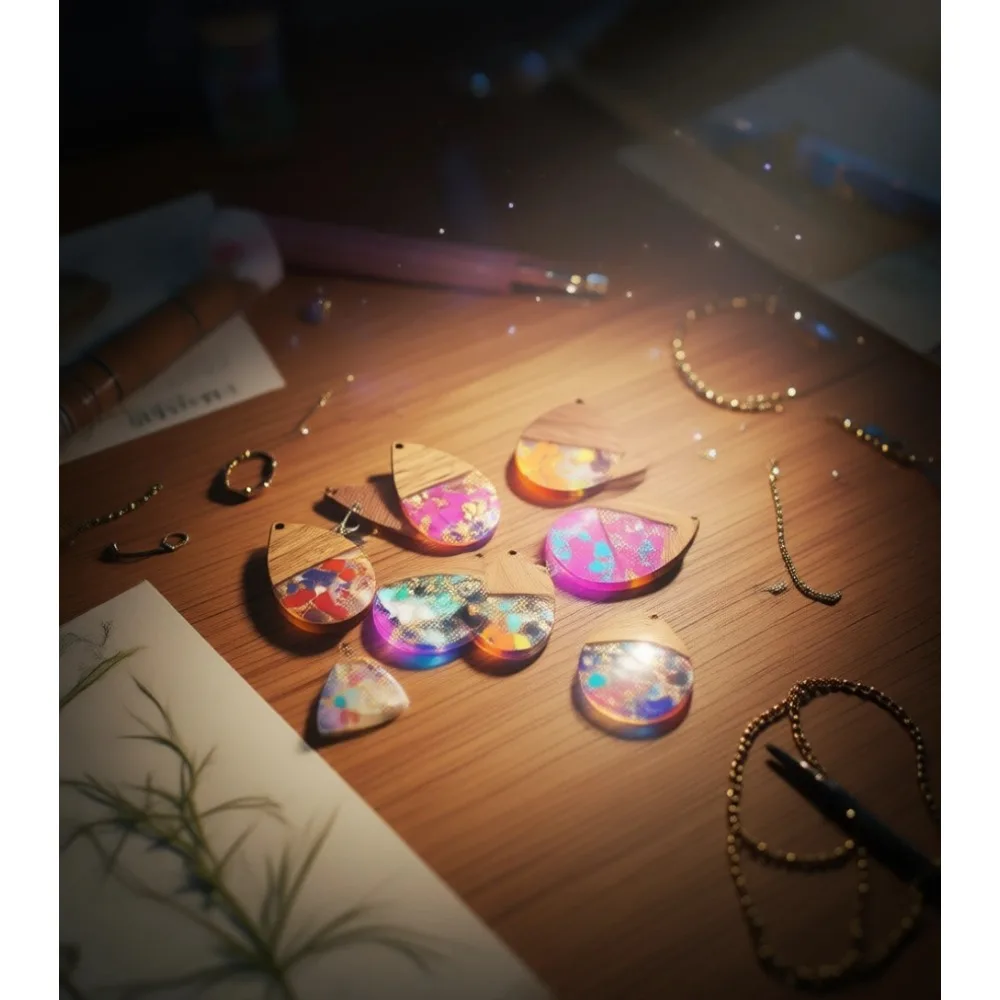 

16 шт. подвесок-серьг в форме капли из дерева и смолы с золотой фольгой, разноцветные, для создания эффектных украшений