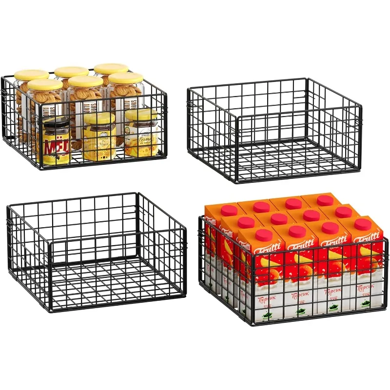 Metal Wire Basket Organizers Foldable & Wall Mounted Freezer Organizer Bins with Handles 4 Pack- Extra Large Mesh Bin for