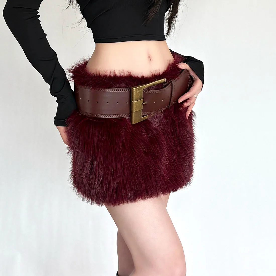 Red Sexy Faux Fur Skirts Womens 2026 Autumn Winter Fashion Slim High Waisted Elastic Furry Mini Skirt with Belts Female Young