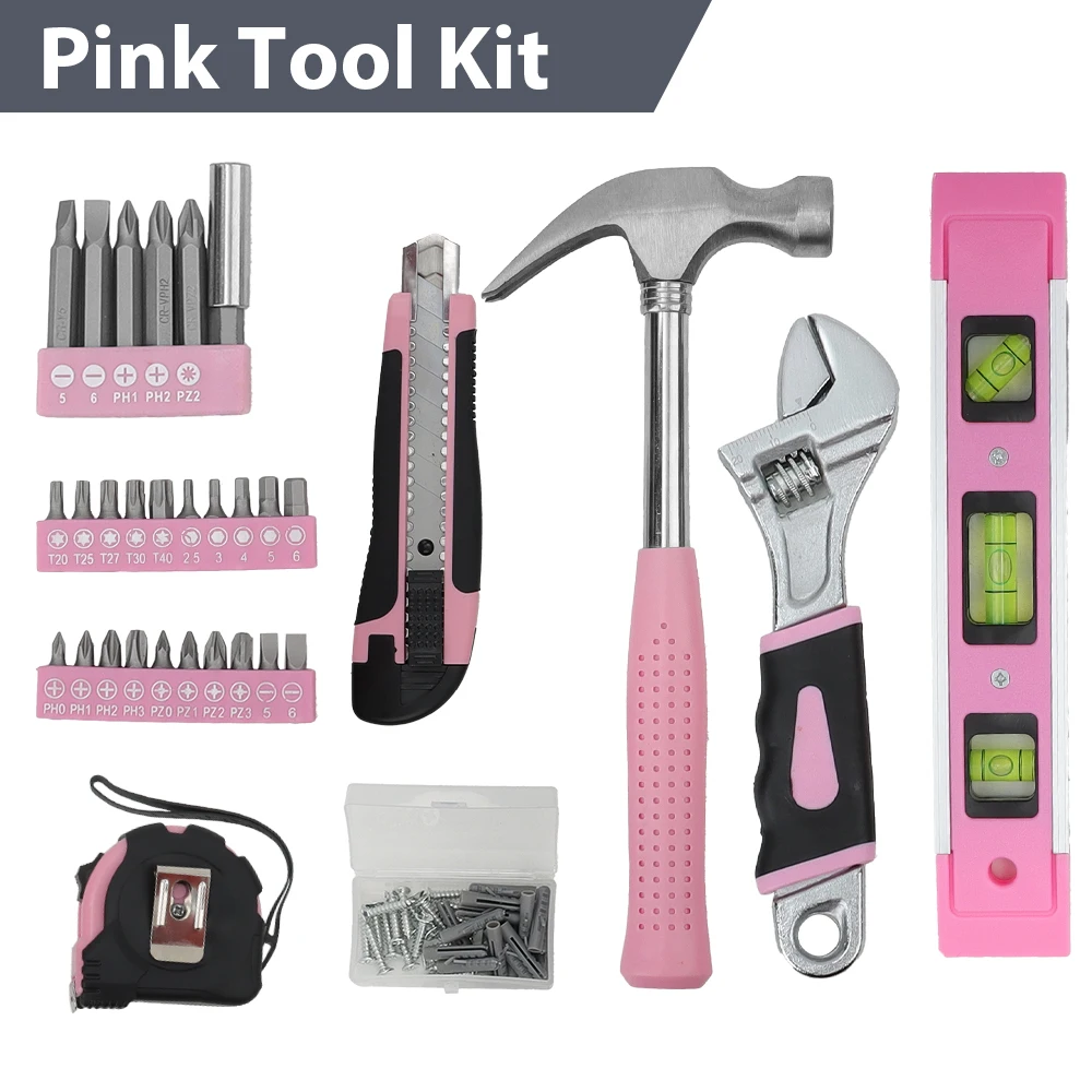 HILDA 家庭用ピンクハンドツールセットキット多機能ハンマー一般家庭用ピンク家具食器棚修理