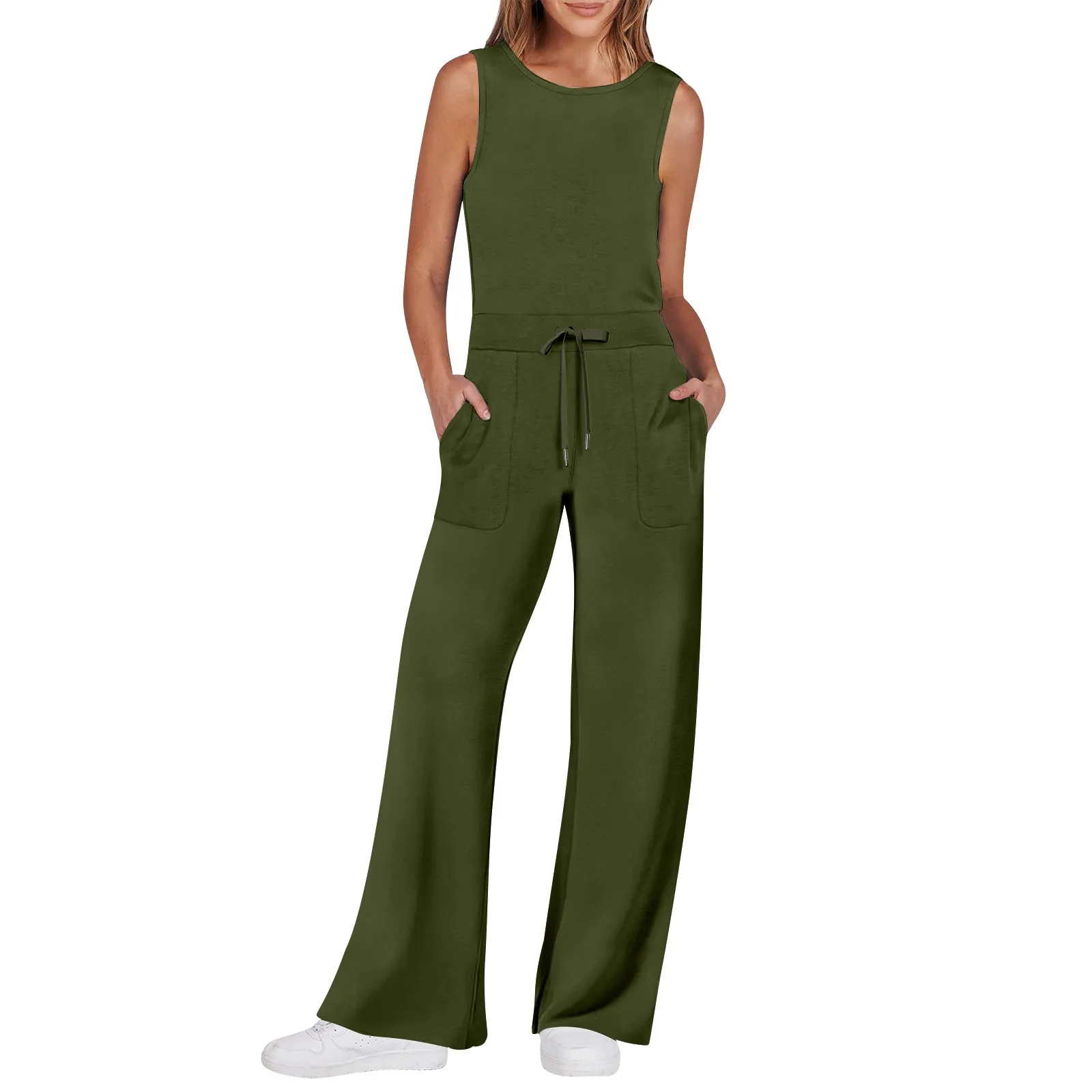 Women'S Vest Jumpsuits Casual Versatile Sleeveless Solid Color Commuting Jumpsuits Loose Wide Leg Straight Tube Jumpsuits