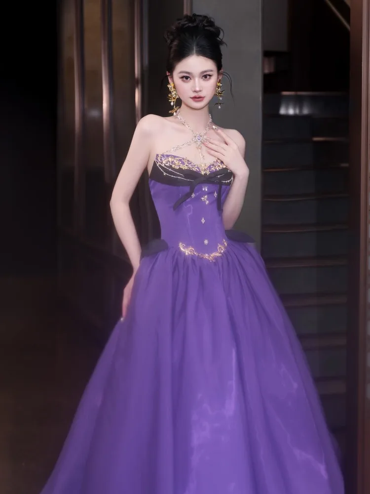 Abiti da ballo principessa viola Abiti da ballo in cristallo con scollo all'americana in metallo Decro Uva Abito da sera a linea con fiocco nero Abito formale per ragazza carina Nuovo