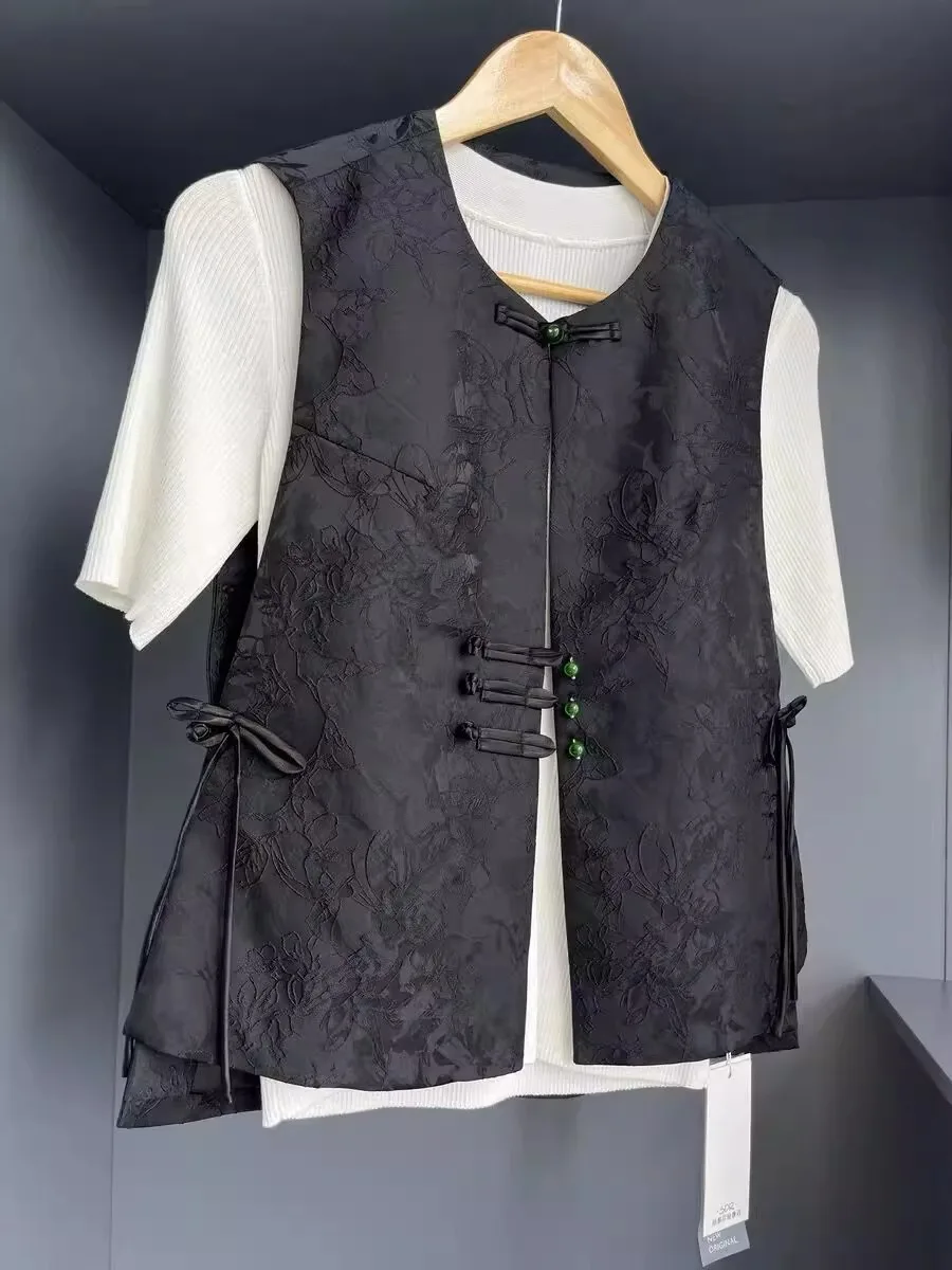 

Новый китайский жилет с вышивкой, женский весенне-летний винтажный топ на пуговицах с воротником-стойкой