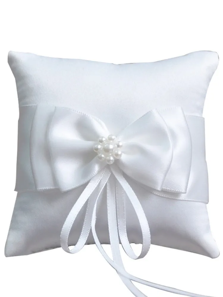 Double Bow Ribbon Romantic Ring Pillow Bridal Wedding Ceremony Pocket Ring Pillow Cushion Bearer with Ribbons Decoration