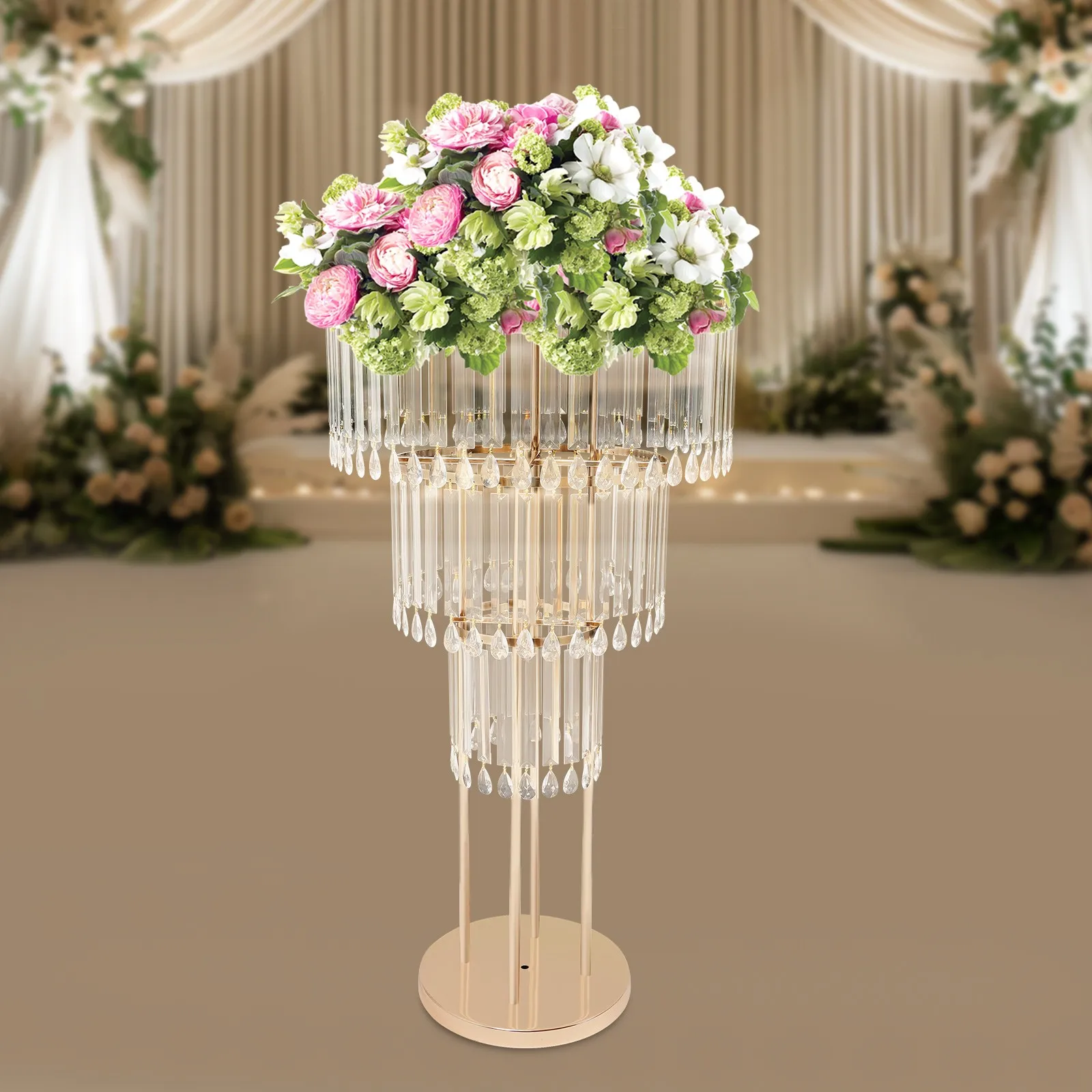 

Gold 3-Tier Crystal Plant Stand with Icicle Accents and Round Base for Home, Office, or Entryway Decor