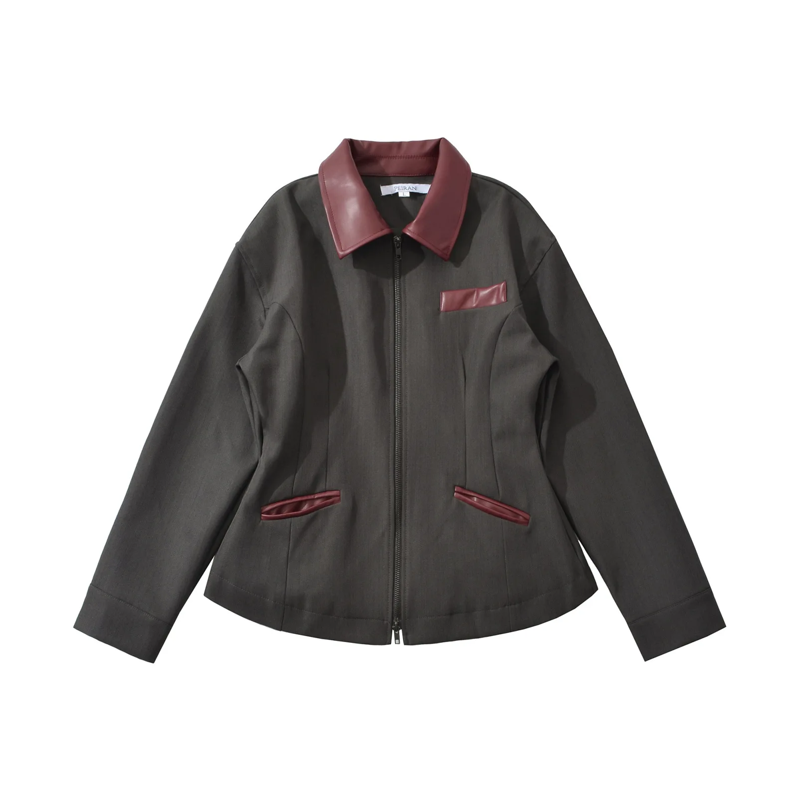 

Ins Autumn Women Solid Long Sleeve Patchwork Coat Streetwear Vintage Outwear Lapel Collar Leather Double-head Zipper Jacket