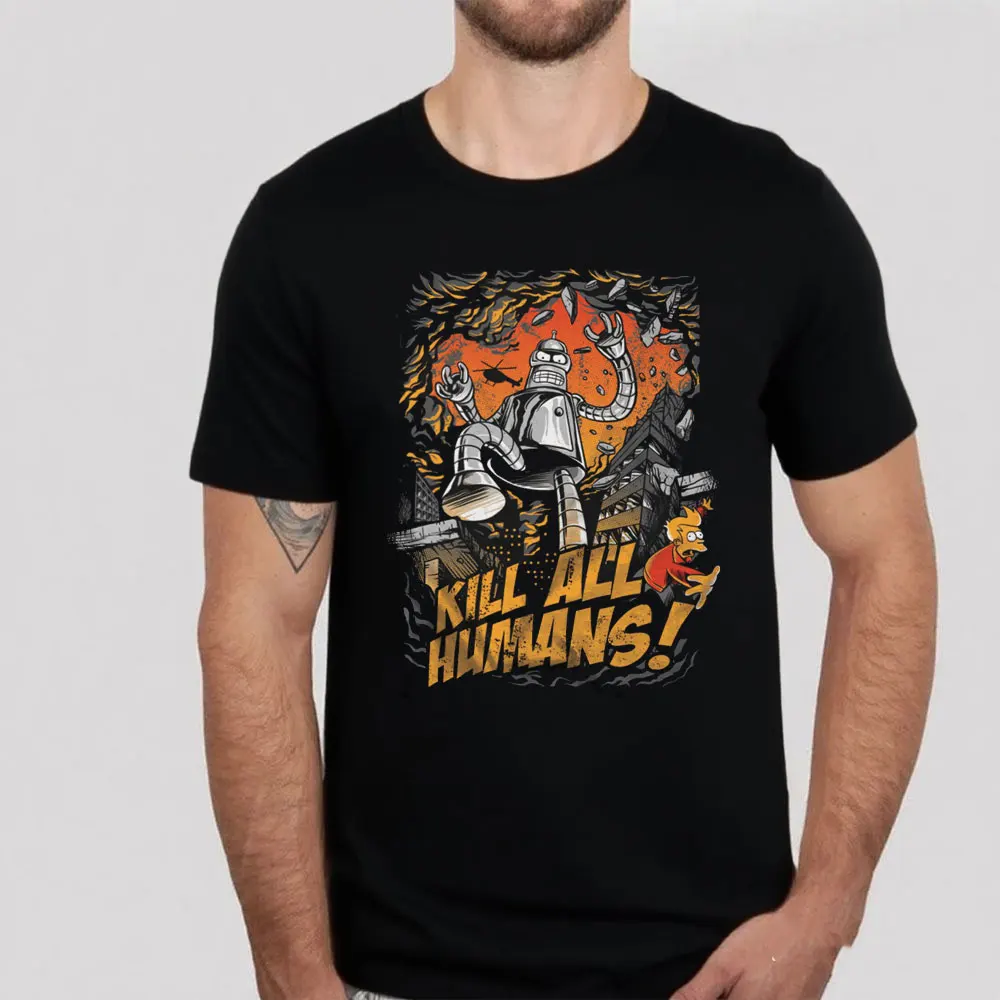 MEN T-SHIER Futurama Kill All Humans Shirt Bender Robot Cartoon Classic Design TShirt Funny Shirt Offensive Regular Short Sleeve