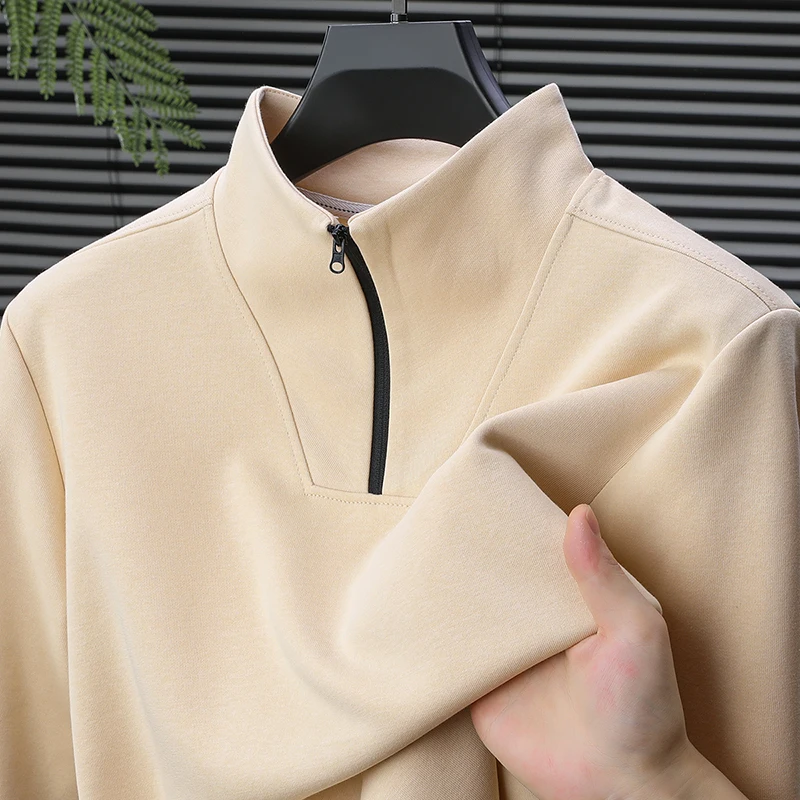 

High quality long sleeved semi high neck men's T-shirt autumn winter fashion new half zipper design Korean style top sportswear