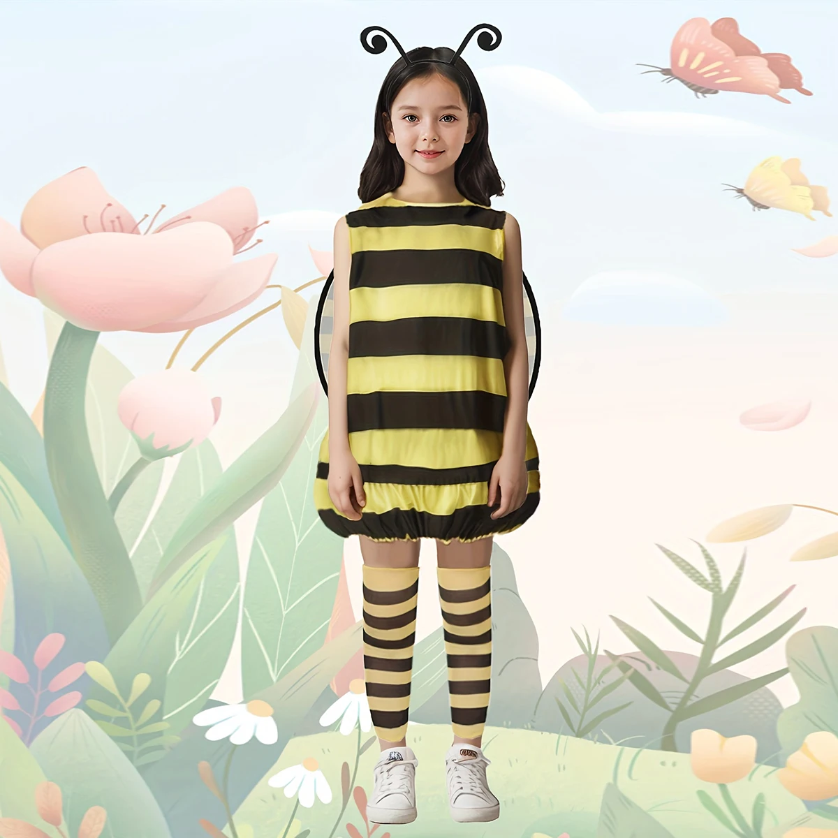 Conjunto de Disfraz de Abeja Amarilla para Niña, Vestido Estampado con Forma de Abeja + Calentadores de Piernas + Alas de Malla Negra + Diadema con Antenas, Disfraz de Abeja para Halloween, Fiesta, Actuación