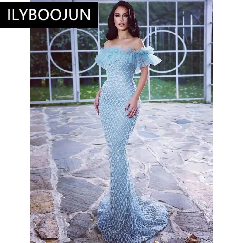 BY Women Celebrity Sexy Off Shoulder Sequins Sky Blue Mesh Ruffles Maxi Long Gowns Dress 2024 Evening Party Club Vestido Brand