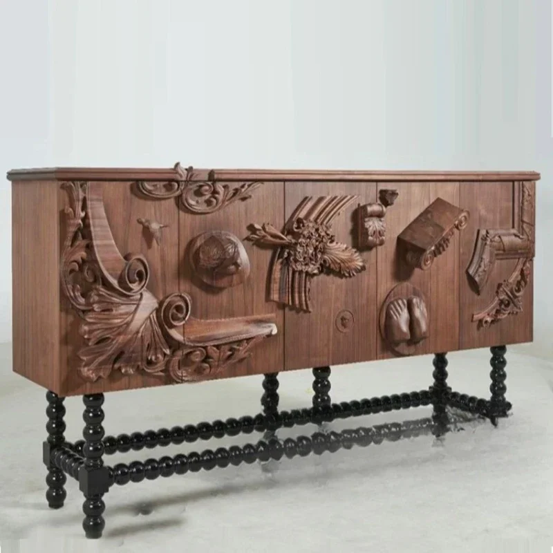 

Retro solid wood carving flower dining side cabinet medieval silent wind relief locker household foyer porch cabinet storage