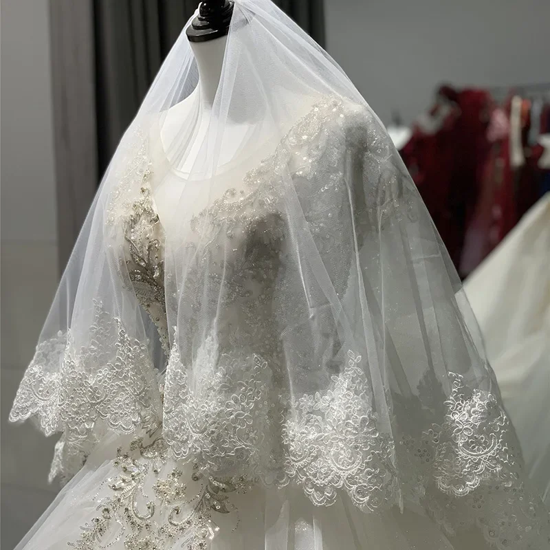 

Sparkling Bridal Veil with Lace Appliques Perfect for a Glamorous Wedding Gown