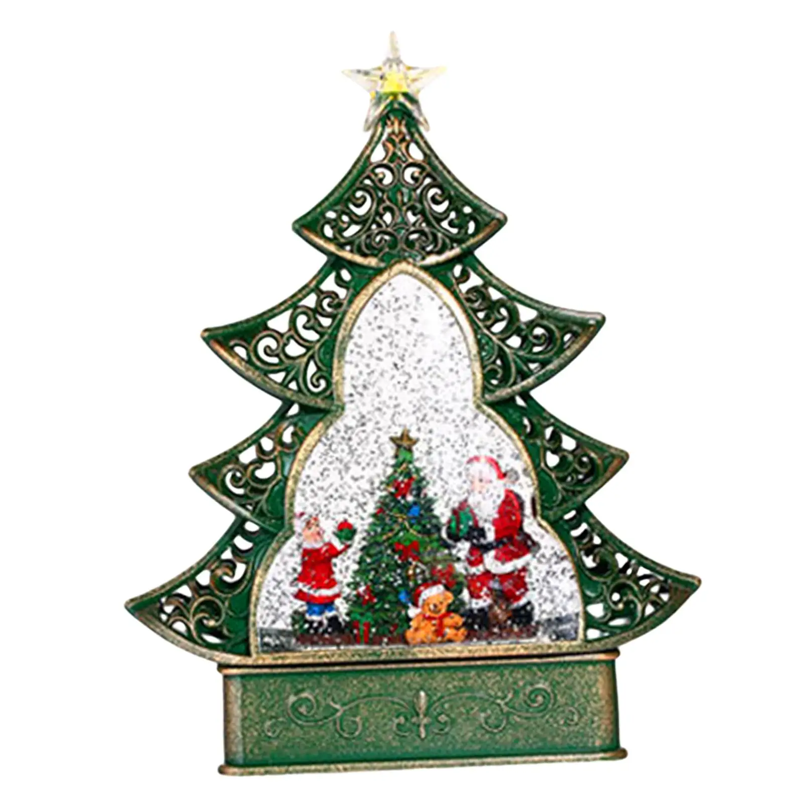 Iron Musical Snow Globe Christmas Tree with Light Up Glitter Water Decorative Figurine for Desktop Table Party Gift