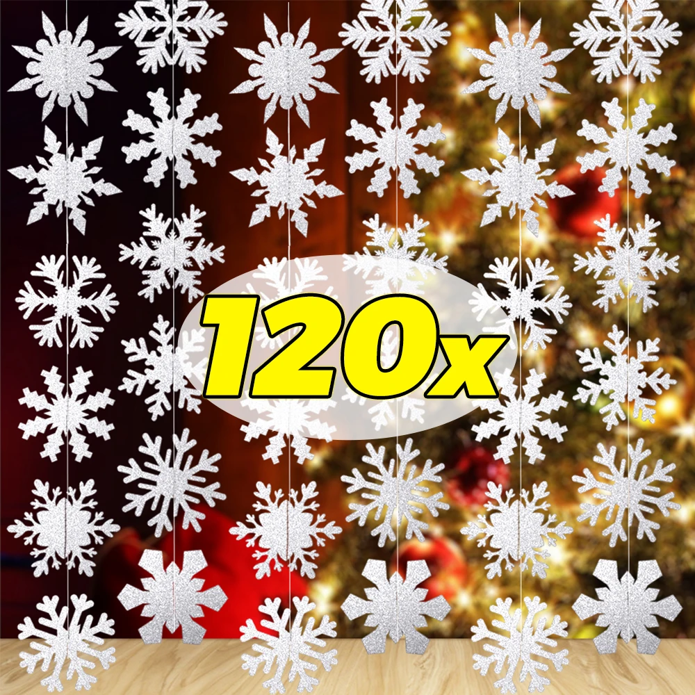 12/120PCS Christmas Snowflake Ornaments Glitter Fake White Snowflake Xmas Tree Hanging Pendents New Year Home Party Decorations