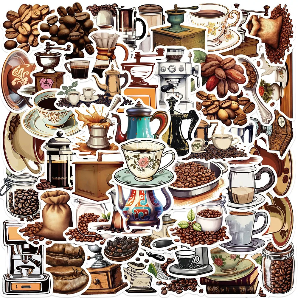 

10/30/50PCS Retro Coffee Machine Coffee Bean Cartoon Stickers Waterproof DIY Laptop Stationery Vintage Decoration Sticker Toy