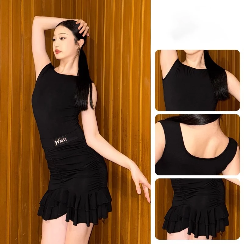 

2025 Latin Dance Dress Women Black Split Top Skirt Practice Costumes Performance Clothes Female Chacha Latin Dance Wear DN20983