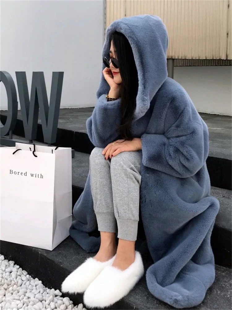 Super Warm Hooded Long Faux Fur Coats Trend Luxury Plush Overcoat Rabbit Furs Winter Jackets Women Thicken Loose Furry Jaqueta