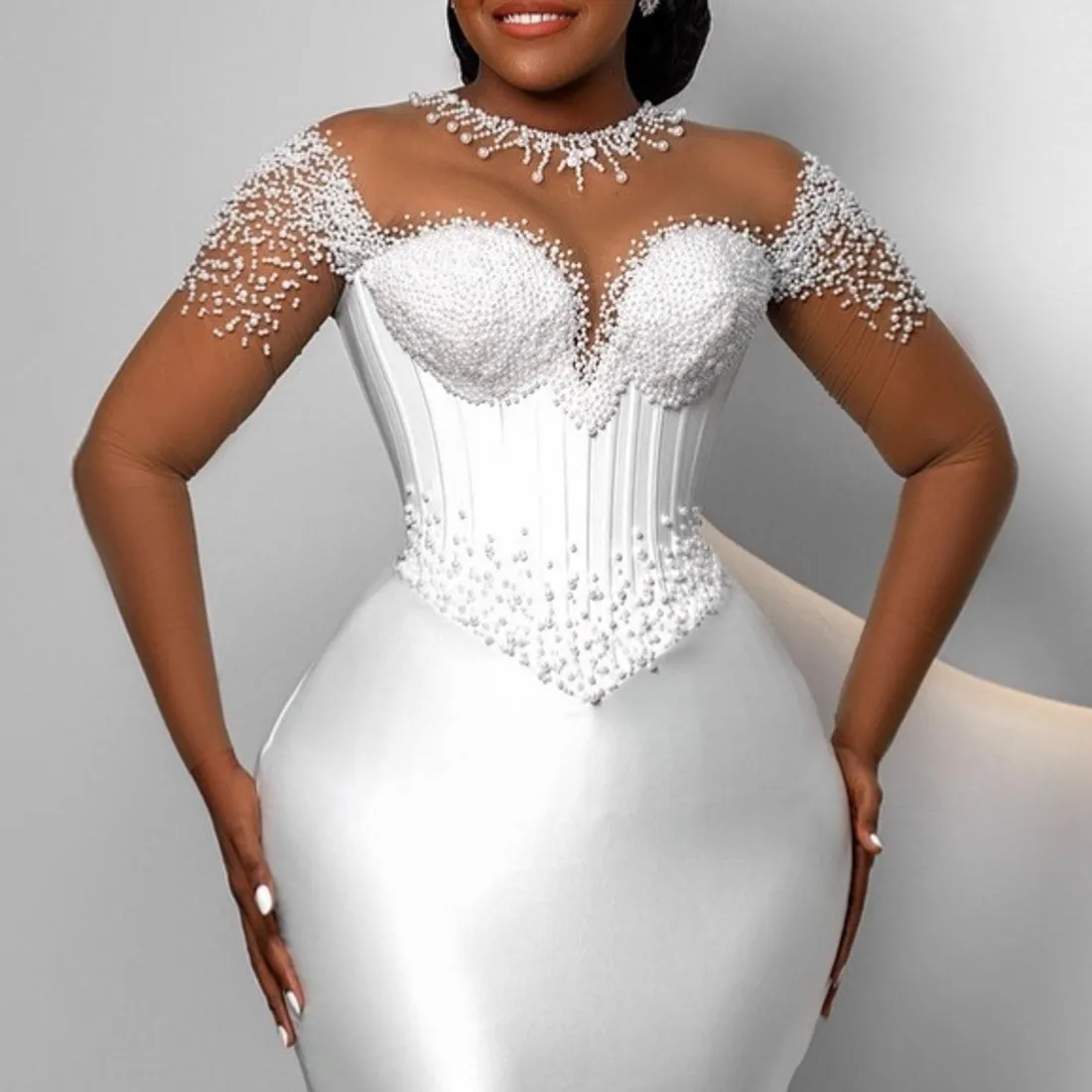 

New Arrival African Mermaid Wedding Dress Sheer O-Neck Long Sleeves Beaded Satin Bride Bridal Gowns Vestidos De Novias