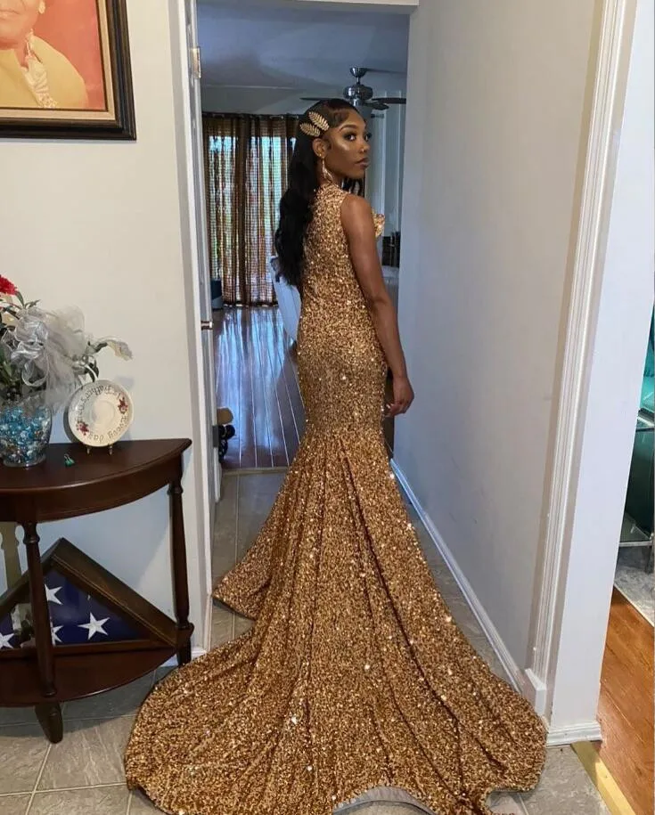 Sparkling Gold Long Mermaid Prom Gowns For Women Luxury Studded Diamante Sexy High Split Birthday Dresses Vestidos De Gala 2024