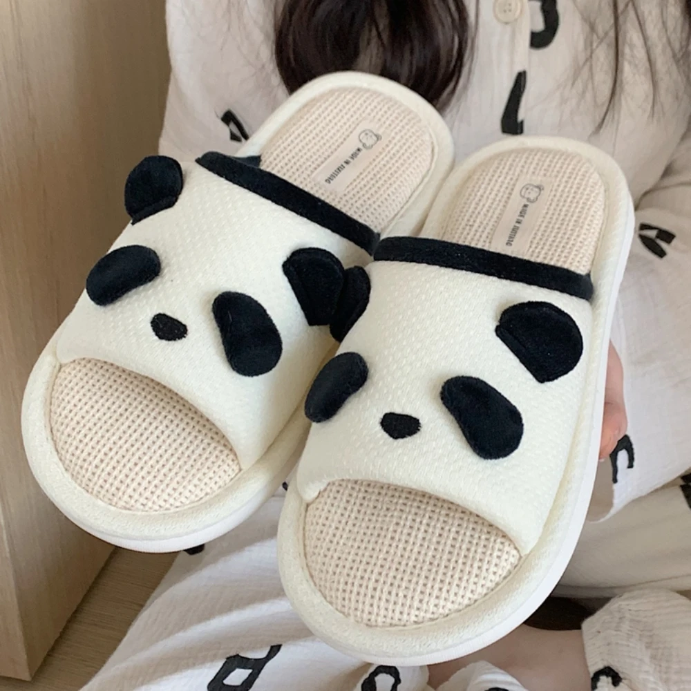 New Cute Panda Fashion Hemp Soft Ladies PVC Casual Mix Colour Design Comfortable Female Linen Home Slippers