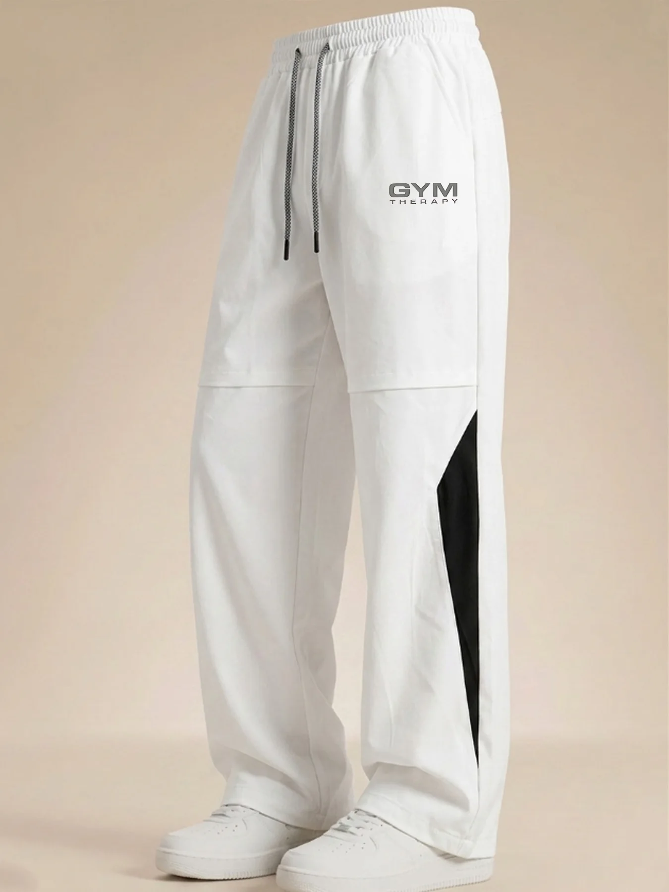 

A2-31-Men's Work Casual Pants - Black/White Color Block Trousers with Elastic Drawstring Waist Outdoor Activities