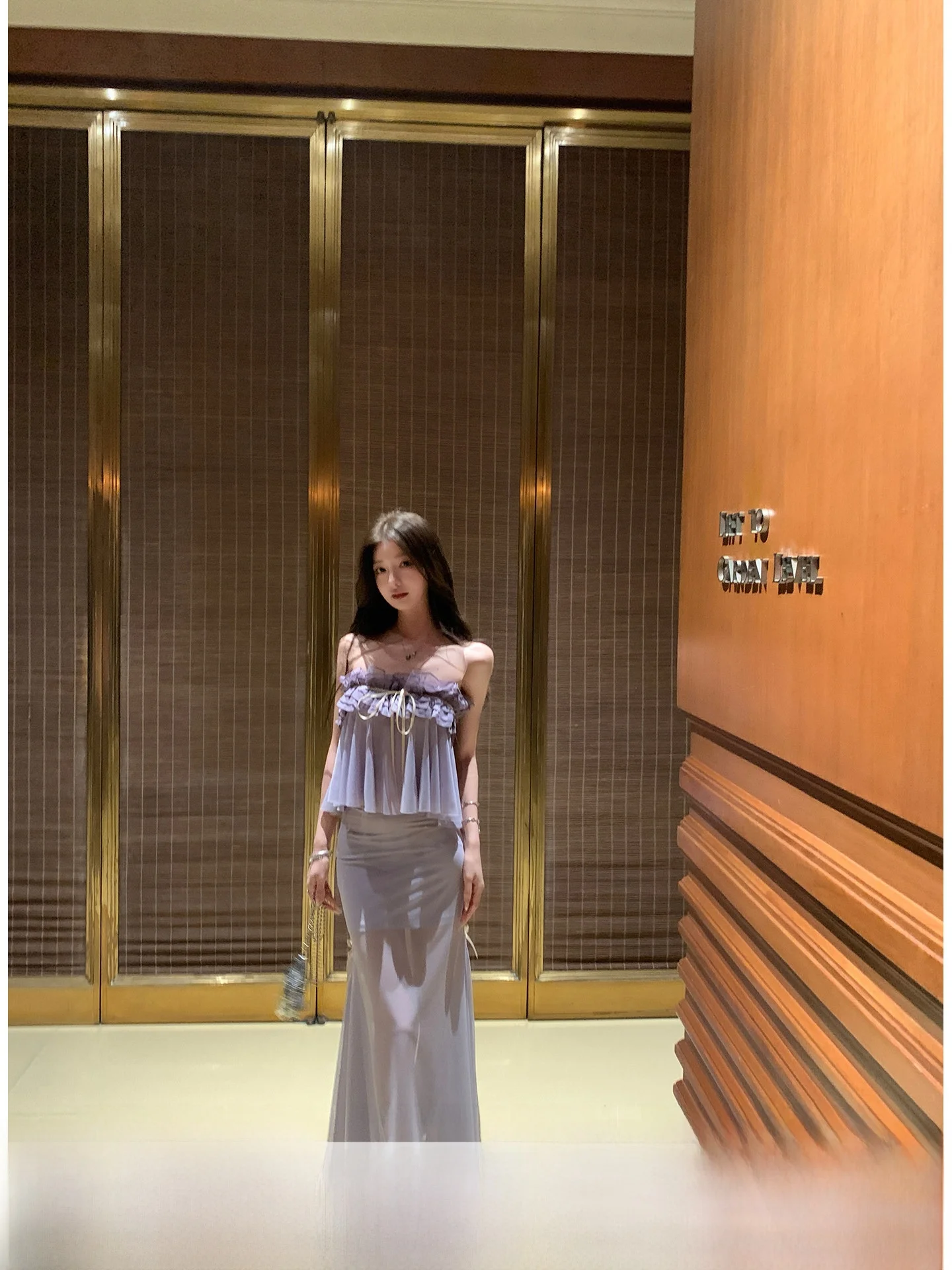 Conjunto YOLI Zhang Yuli Lavanda para Mujer, Top Holgado con Falda Larga Ajustada, Estilo Casual, Mezcla de Poliéster, Corto