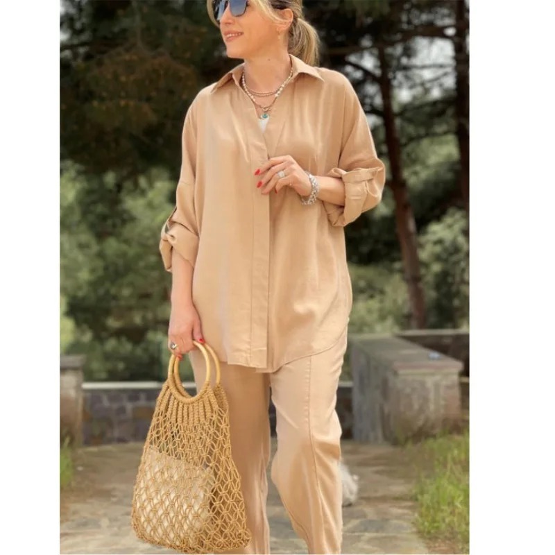 

Spring and summer new fashion loose long-sleeved shirt lace-up casual nine-point pants simple and versatile temperament elegant
