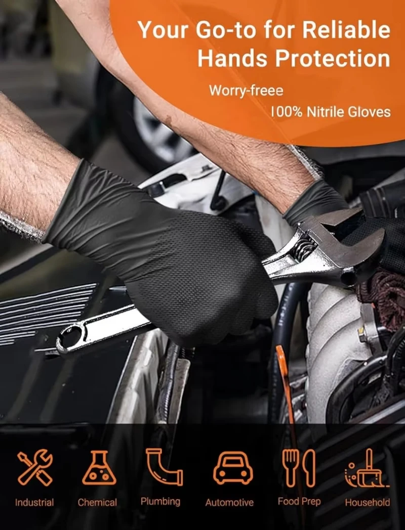 30/50PCS Black Nitrile Gloves Disposable 8Mil Thick Heavy Duty Industrial Safety Gloves Diamond Textured Mechanics Work Gloves
