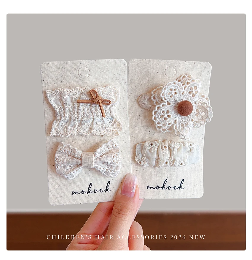 2026 Neue Boho Beige Creme Haarspangen 2 Stück/Set Spitze Strickblume Schonende Haarklammern für Kleinkind-Mädchen – Detail 7