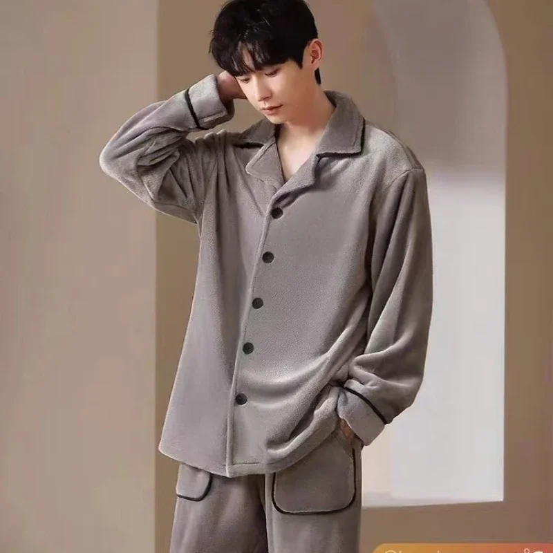 New Lapel Collar Button Coat + Long Pants Pajama Sets Men Winter Warm Flannel Pajamas Solid Soft Fleece 2 Pcs Homewear Sleepwear