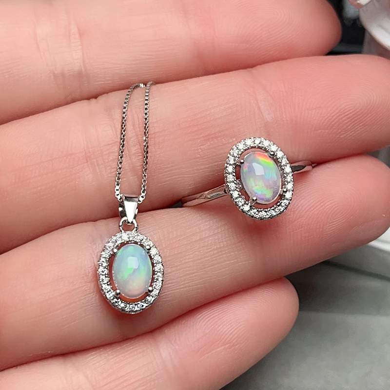 Natural White Opal Ring and Pendant 5mm*7mm Real Australian Opal Jewelry Set with 3 Layers Gold Plated Keep Shining