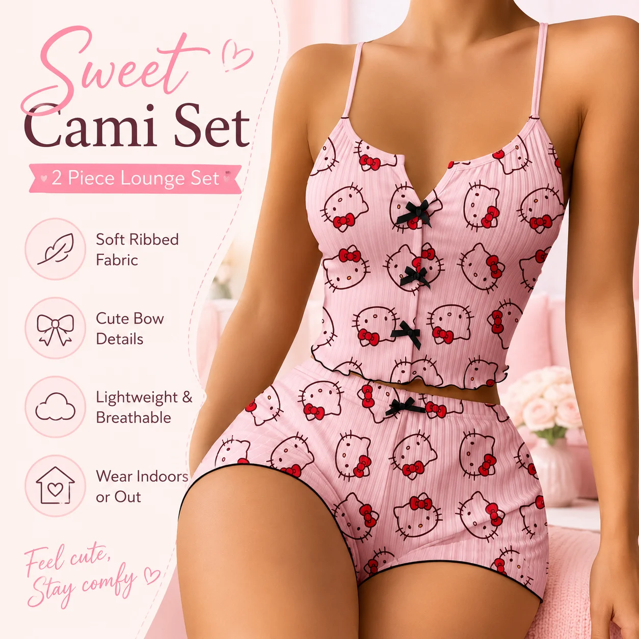 

Sanrio Hello Kitty Summer Women Pink Cropped Camisole & Shorts Set Soft Casual Loungewear Sweet Sexy Sleepwear Set Cute Gift