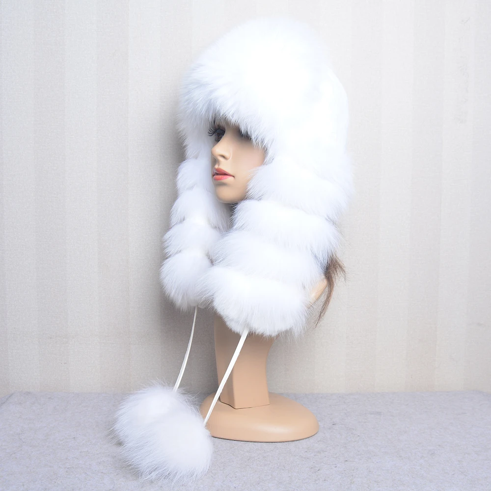 Ushanka Hat Stylish Russia Bomber Fur Cap Natural Fox Rabbit Fur Earflap Winter Hats Women