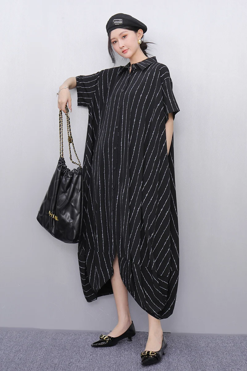 2025 Primavera Estate New Fashion Camicie larghe a righe Abiti lunghi Donna Elegante abito a maniche corte Donna all'ingrosso J945