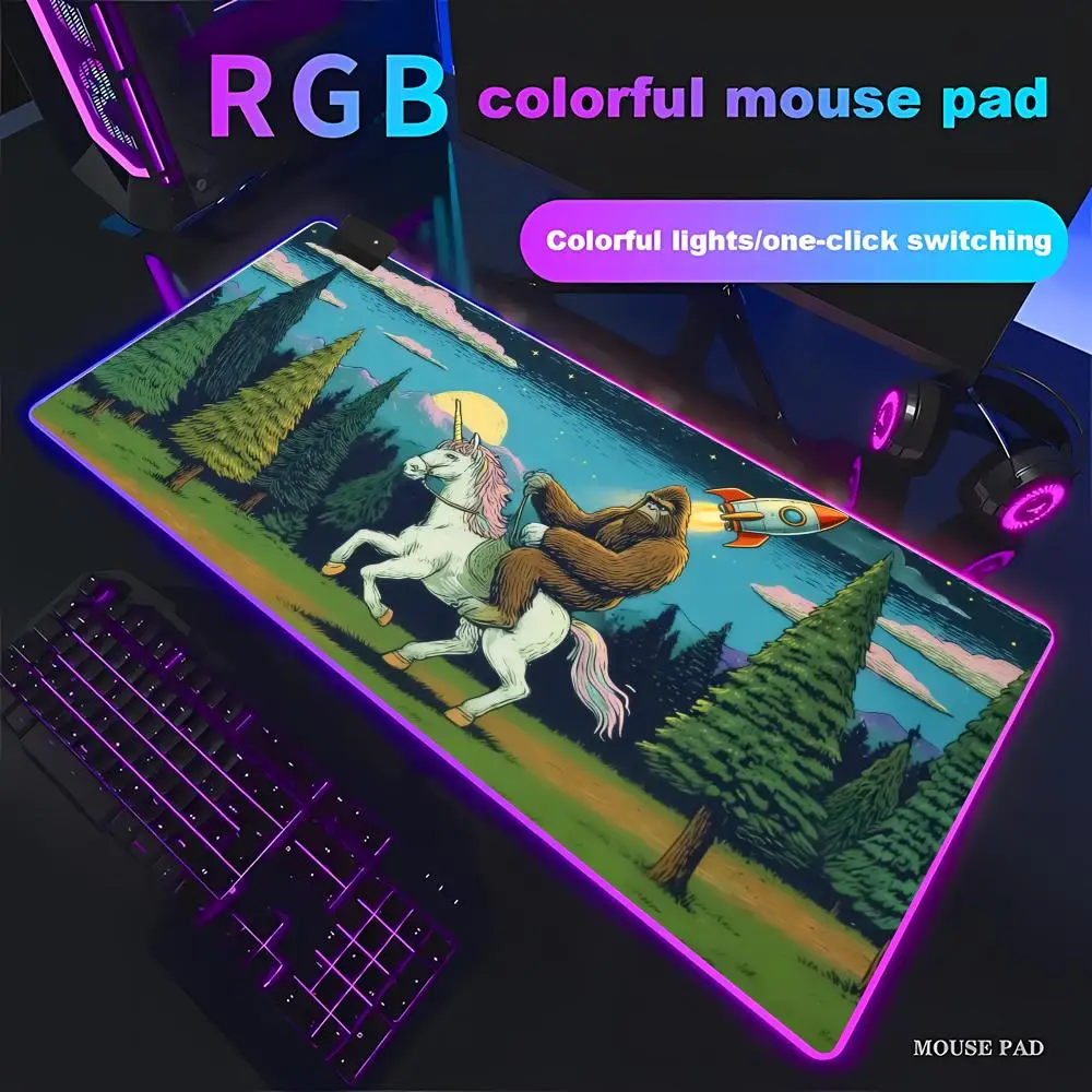 HYBXAXC  Sasquatch Unicorn UFO Mouse Pad RGB Yeti Bigfoot Fun cute Believe real Alien flying saucer Large LED Light PC pad