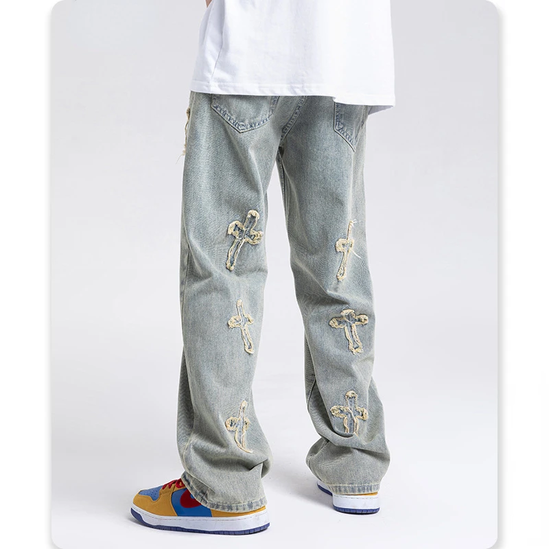 Men's clothing # American vibe style yellow mud dyed cross jeans men's ins embroidered high street wide leg long pants