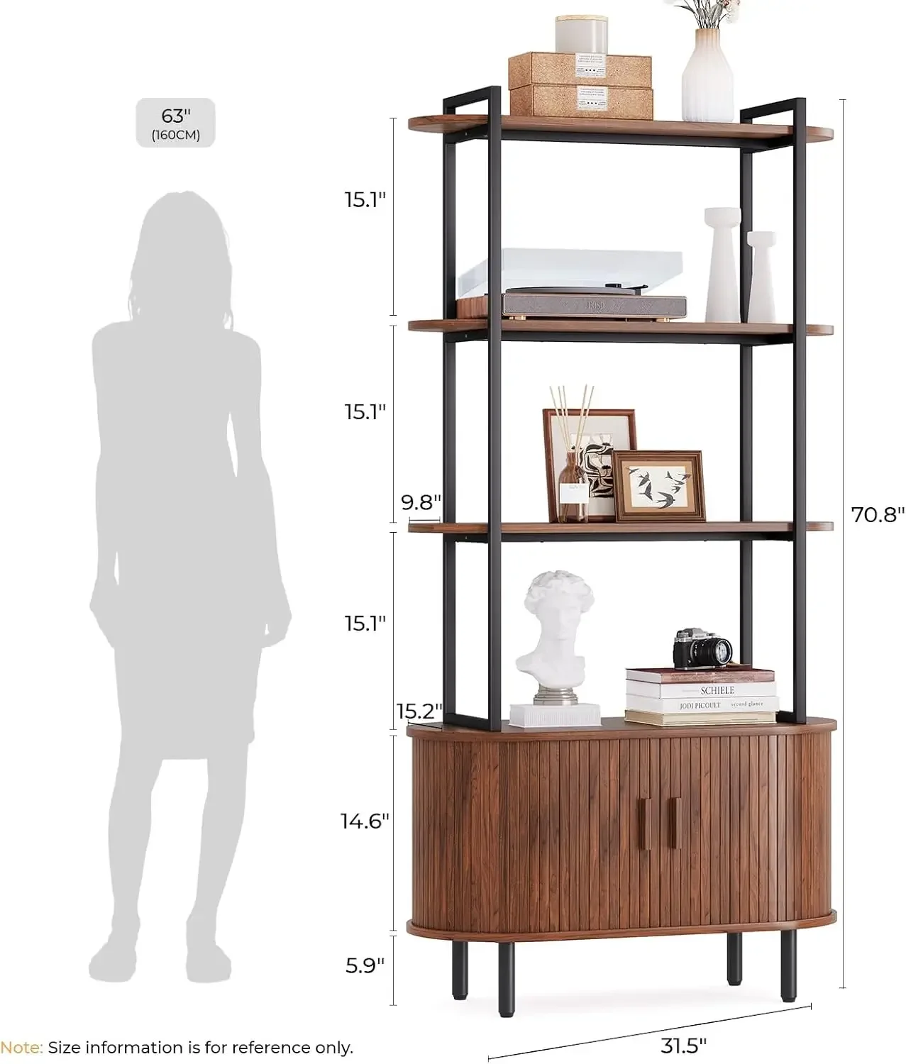 Tall Freestanding Four Tier Fluted Bookcase With Storage Cabinet Sliding Door Modern Display Shelves For Bedroom Home Office Liv