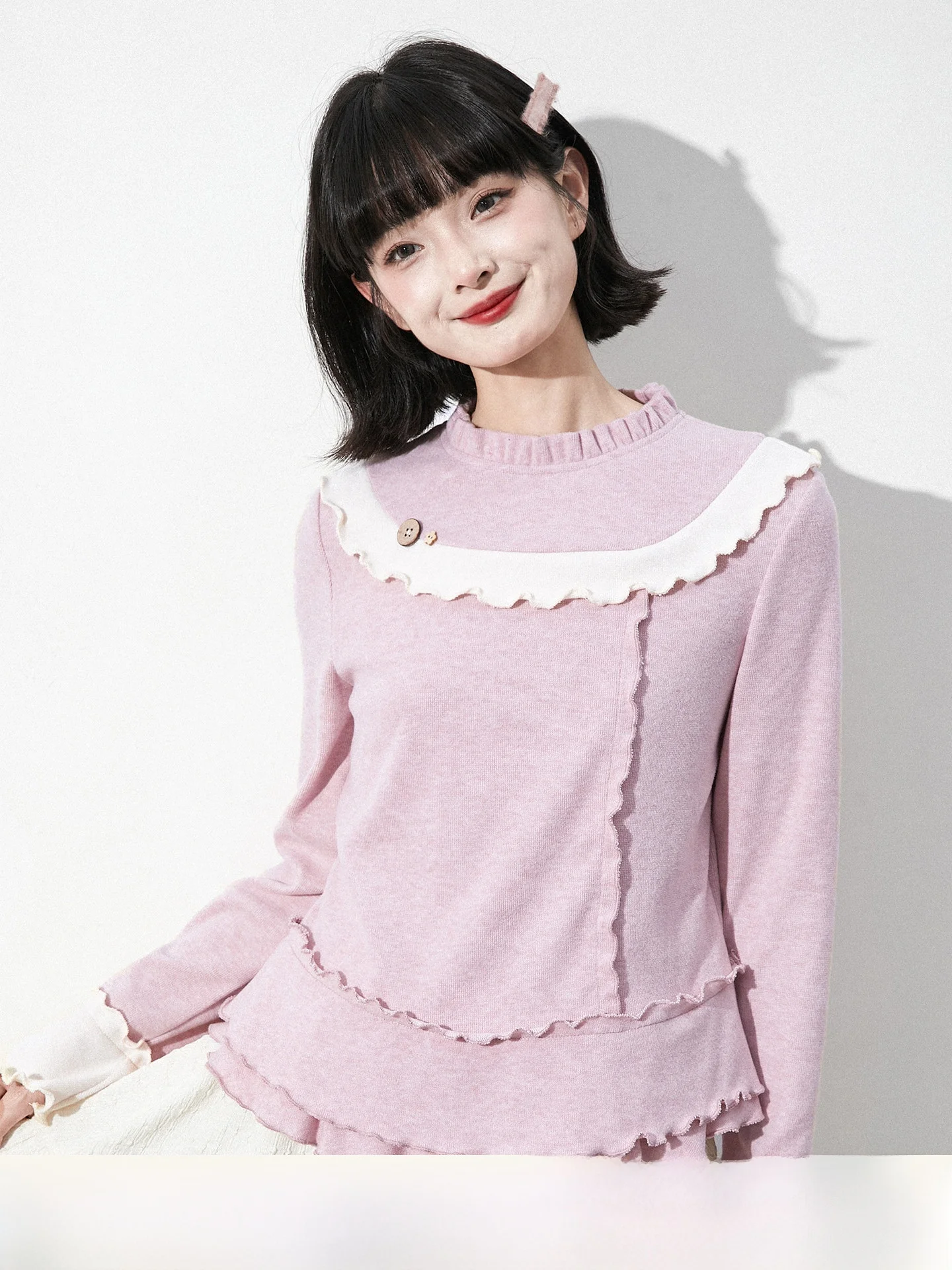 

Sweet Rhythm Prelude Original Soft Pink Splice Wood ain Bell Sve Knitted Sweater Women Autumn Winter Base Layer