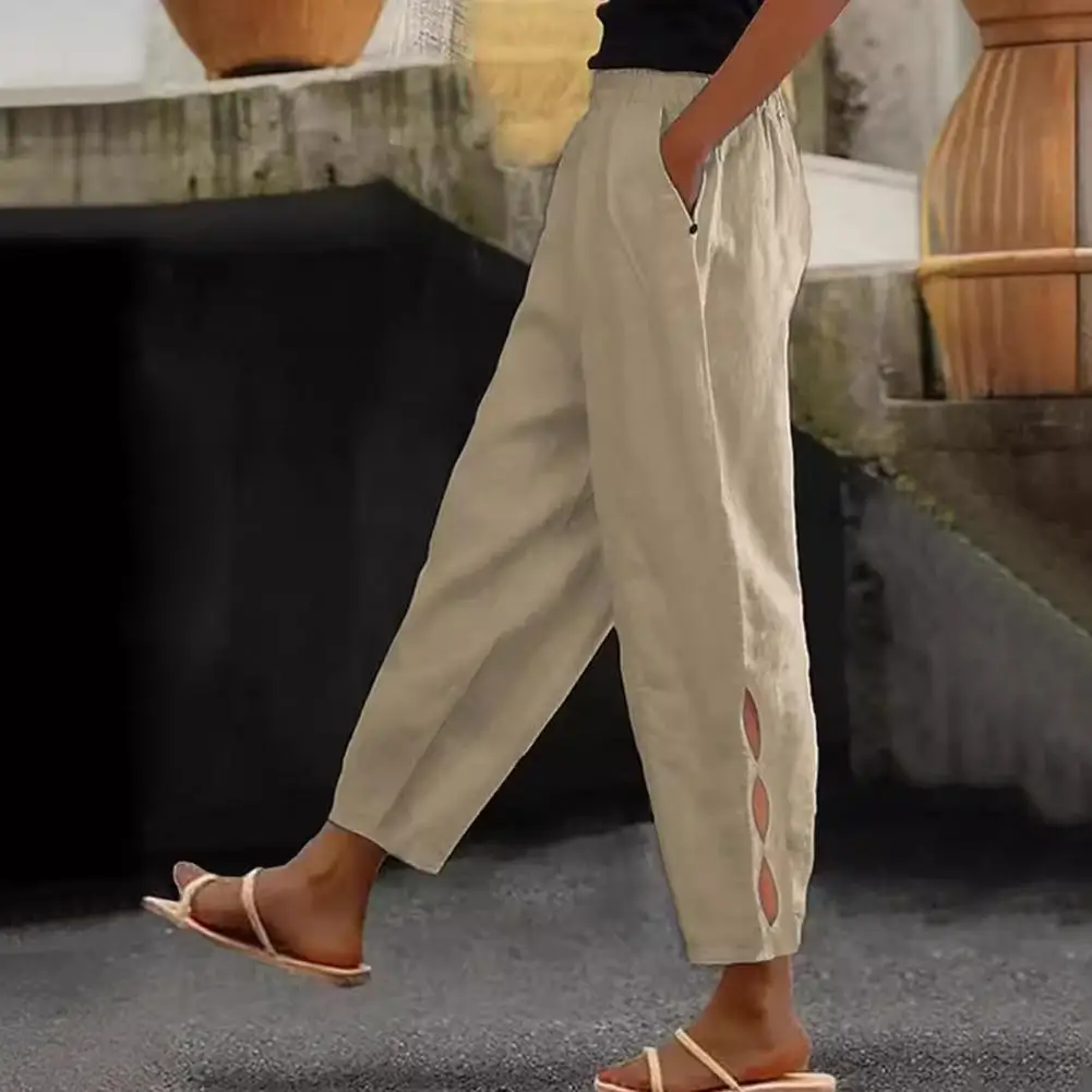 Calça casual solta feminina, elegante com elástico na cintura, meio ambiente para streetwear, verão