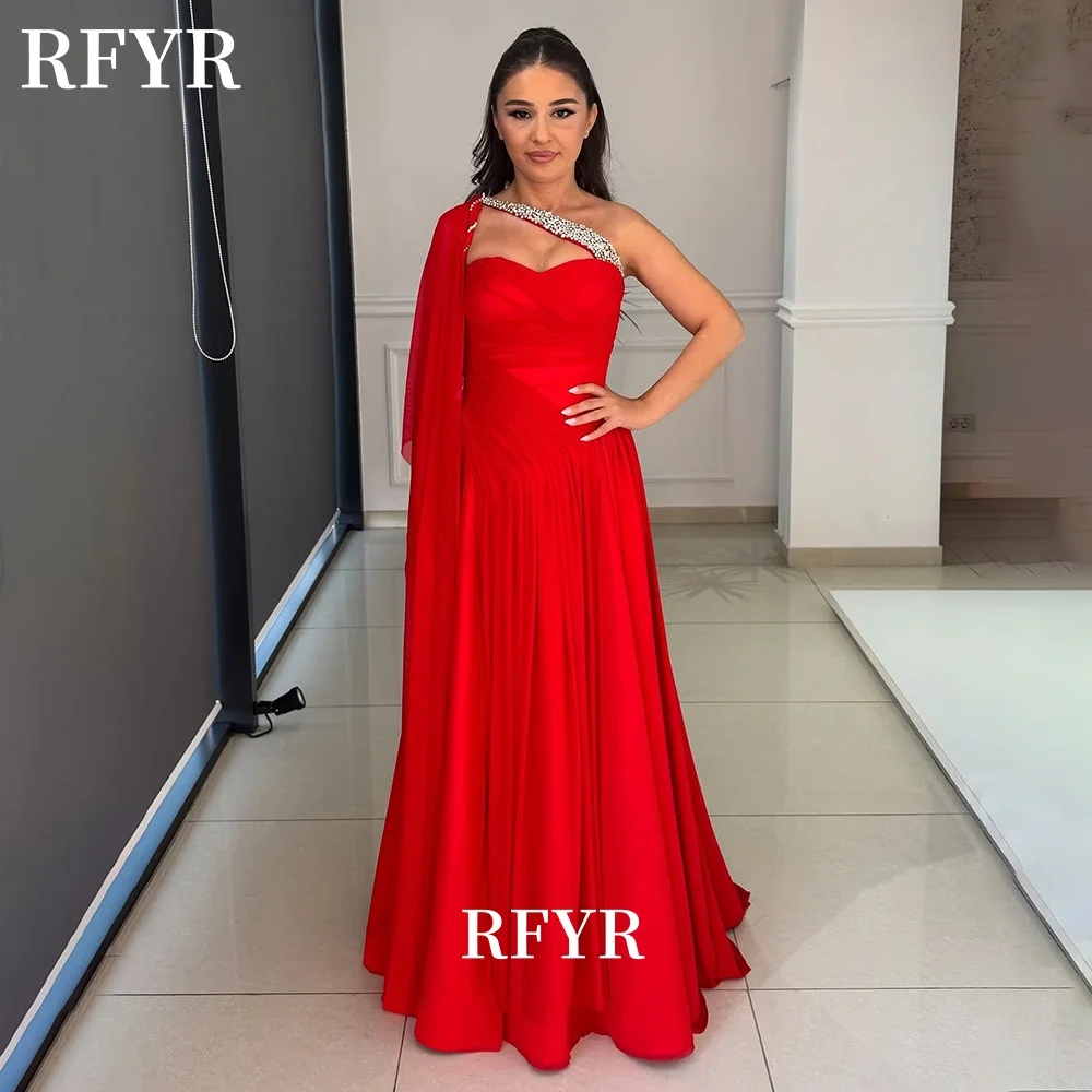 

RFYR One Shoulder Prom Dress A Line Party Dress Pleats Evening Dress with Beads Chiffon Celebrity فستان سهرة Customized