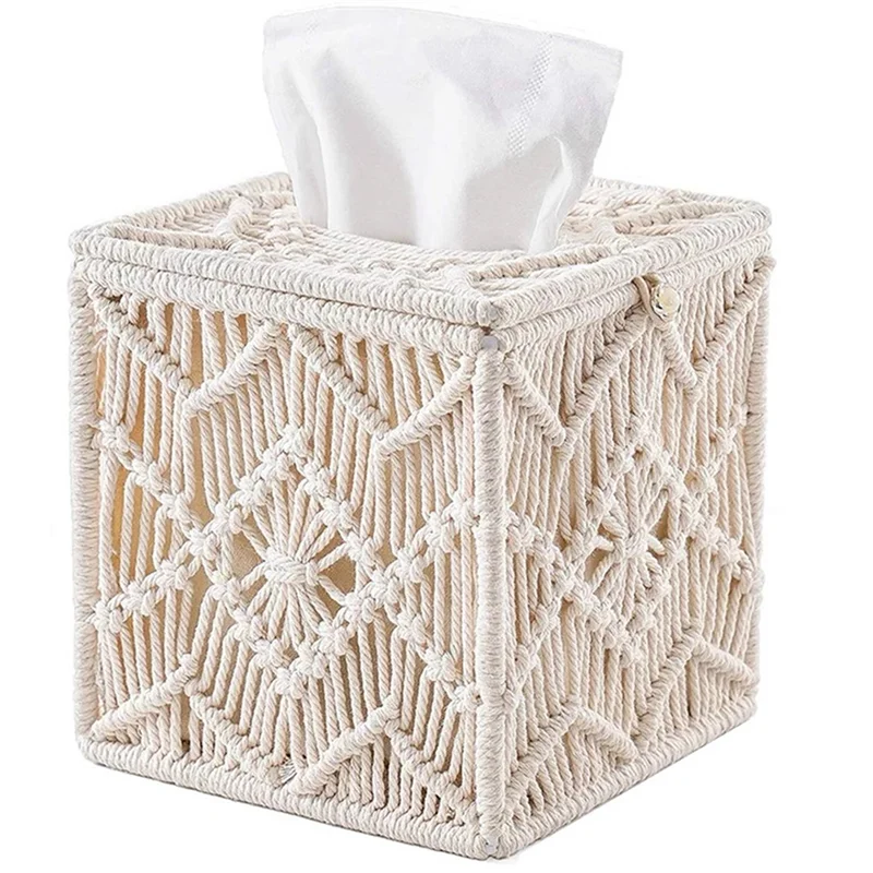 

ABJI-2X Tissue Box Cover Boho Decor Square Paper Tissue Holder With Bead Buckle Macrame Napkin Tissues Organizer Home Decor