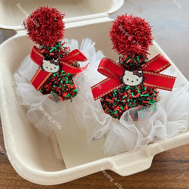 Hello Kitty Sanrio lindo dibujo animado Kt gato árbol de Navidad horquilla periferia Kawaii accesorios para el cabello pinzas para el cabello regalos de vacaciones