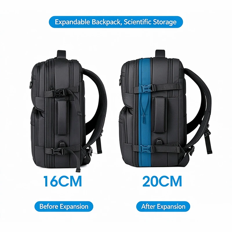 Expandable Travel Backpack Men 180° Open Business Laptop Backpack 15.6" Waterproof Dry Wet Separation USB Charging Rucksack view 3