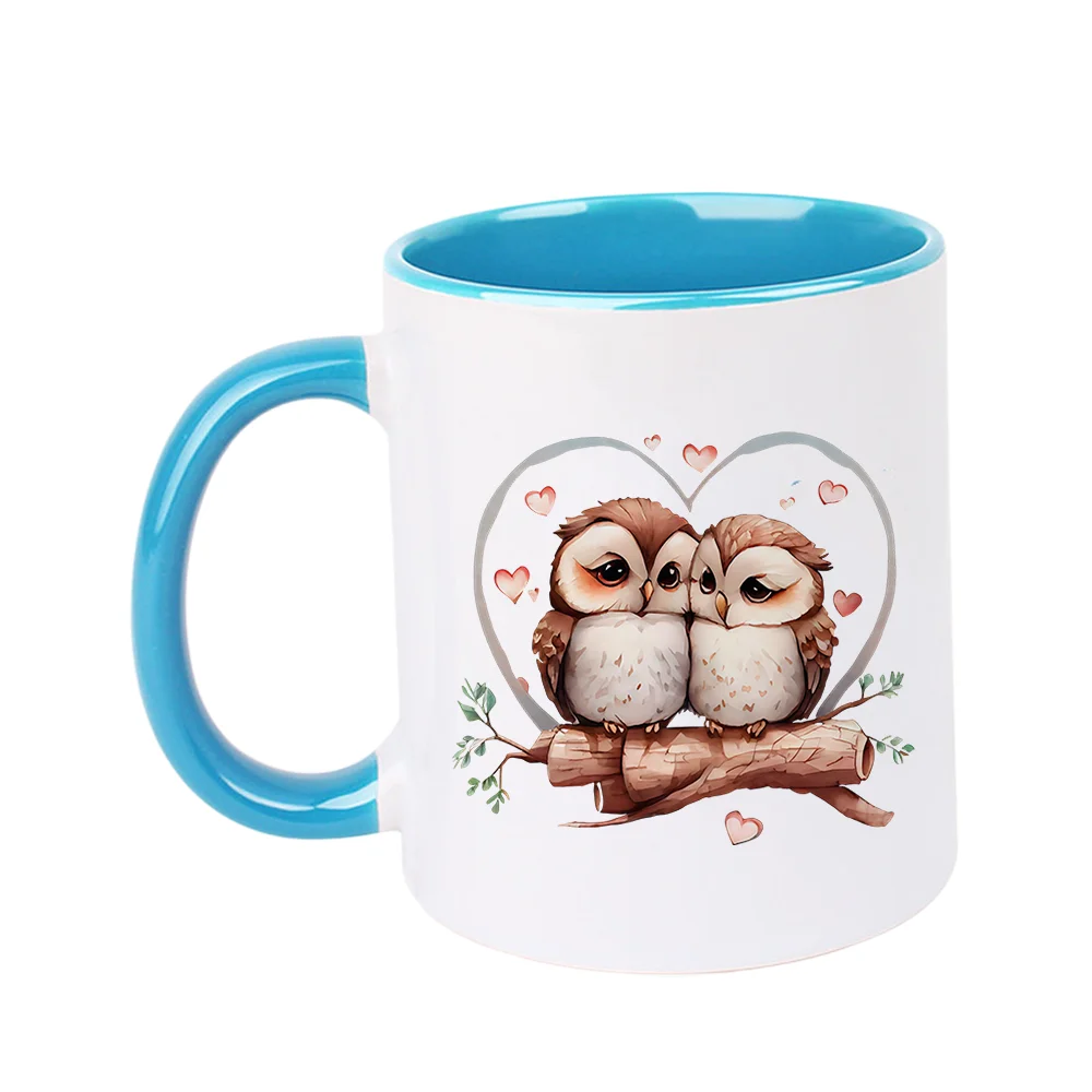 11oz Ceramic Coffee Mug with Cute Owl Couple Heart Pattern Valentine's Day and birthday Holiday Present Home Use Office Drinking