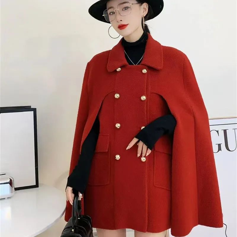 Elegant Knitted Coat European Style Lapel Double Breasted Loose Casual Thick Warm Cape Jacket Women 2024 Autumn Winter